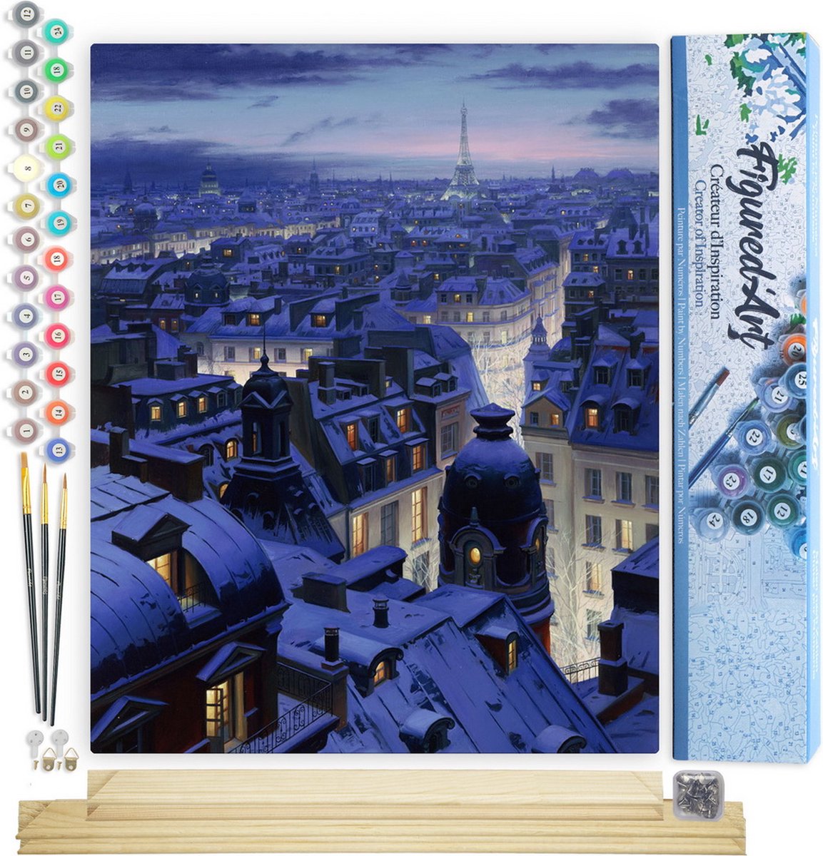 FiguredArt Schilderen op Nummer Volwassenen canvas Daken van Parijs - Handwerk acrylverf Kit DIY Compleet - 40x50cm met DIY houten lijst